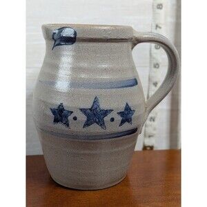 VINTAGE 1997 Rowe Pottery Works Salt Glaze Pitcher Blue Stars Cambridge WI 7"
